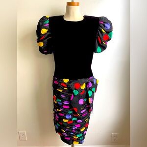 Vintage Saks Fifth Avenue Velvet Silk Polka Dot Drop Waist Party Dress Bow 10